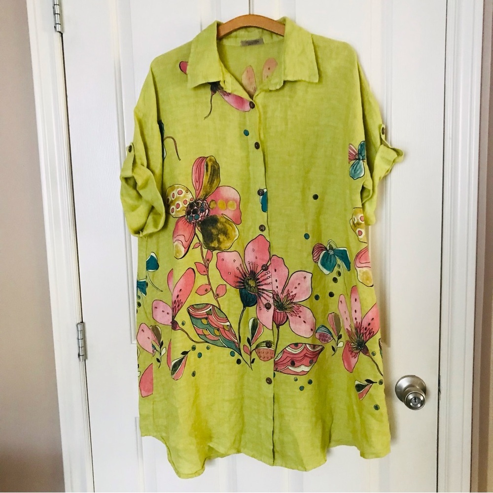 Beyond Capri Linen Floral Button-Up Shirt in Lime Green and Pink One Size